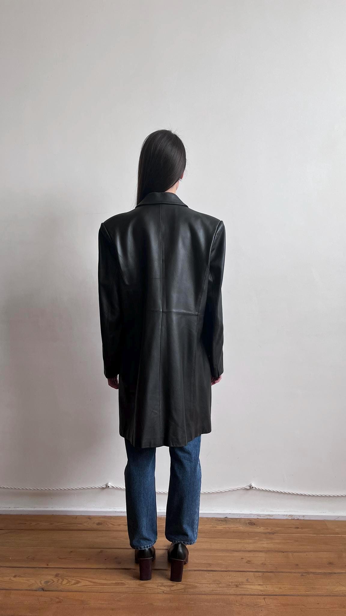 Women Black Leather Trench Coat Vintage Long Leather Coat Women Black Leather Trench Coat Vintage Long Leather Coat