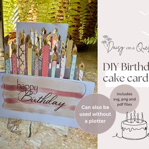 May include: A DIY birthday cake card with a pop-up design featuring candles and the words "happy birthday". The card is made from paper and includes SVG, PNG, and PDF files.