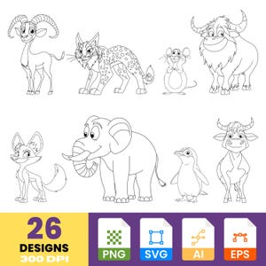 Cartoon Safari Tier Clipart Bundle | Niedliche Dschungel Linie Kunst für Kinder Basteln & Malseiten | Sofortiger Download PNG, SVG, Ai, EPS