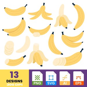 Bananen Obst Clipart | Tropische Bananen-Aufkleber | Handgezeichnetes Obst Clipart | Digitales PNG und SVG
