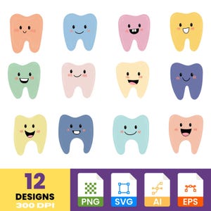 Clipart de dente fofo de desenho animado | Adesivos de arte odontológica | Personagens de dentes desenhados à mão | PNG e SVG digitais