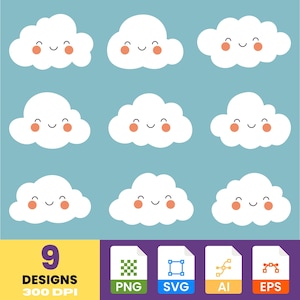 Lachende wolk clipartset – schattige blauwe lucht wolken SVG, png, eps, ai voor kinderdagverblijf en ambachten, commercieel gebruik vectorset, instant digitale download