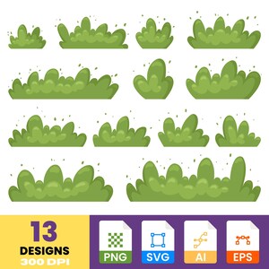 Clipart de arbusto de grama verde | Gráficos de folhagem natural | Elementos de paisagem desenhados à mão | PNG e SVG digitais