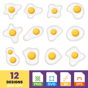 Clipart de Ovo Frito | Adesivos Fofos de Café da Manhã | Ilustrações de Ovos Desenhadas à Mão | PNG e SVG Digitais