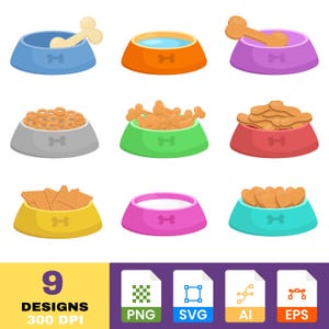 Ciotola con cibo per cani Clipart / Grafica per l'alimentazione degli animali domestici / Ciotola per cani disegnata a mano / PNG e SVG digitali
