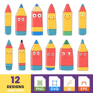 Schattige cartoon krijt clipart | Handgetekende krijtkrabbels | Leuke kinderafbeeldingen | Digitale png en svg
