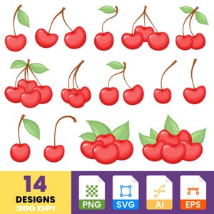 Kersenfruit-clipart | Leuke kersenstickers | Handgetekende fruitkunst | Digitale png en svg