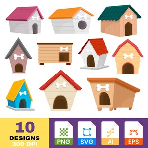 Imágenes prediseñadas de casa de perro / Refugio de mascotas dibujado a mano / Gráficos de casas de perro lindas / PNG y SVG digitales