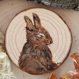 Handbemaltes Kaninchen ein Holzscheib mit Geschenktüte, Originalkunst, Einzigartige Wildtier Sammelbare Kunst, Wohnkultur, Häschen Geschenk