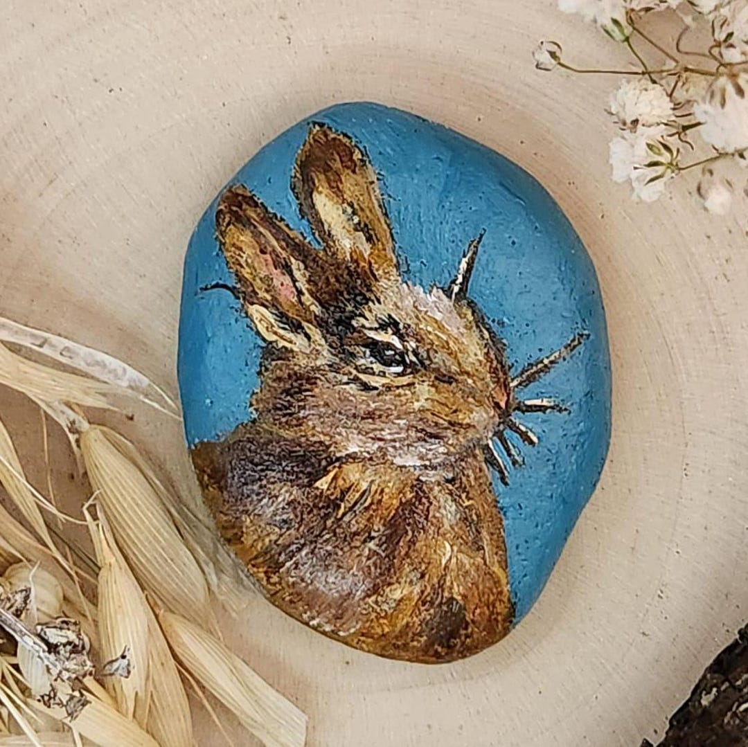 Simple Rabbit Pebbles Paint Hand Painted Bunny Rabbit on Pebble Rock With Gift Bag, Original Rock ...