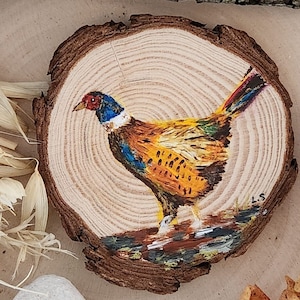 Faisan peint à la main sur une tranche de bois naturel avec sac cadeau, peinture d'oiseau, art rupestre original, art de collection animalier unique, décoration d'intérieur
