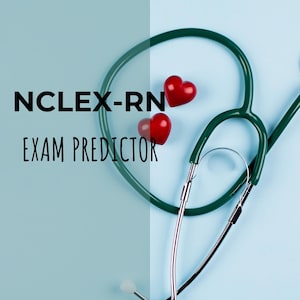 Könnte beinhalten: Ein Stethoskop mit grünem Kopf und silbernen Schläuchen liegt vor einem hellblauen Hintergrund. Zwei rote herzförmige Objekte befinden sich in der Nähe des Stethoskops. Der Text "NCLEX-RN EXAM PREDICTOR" ist in Schwarz dargestellt.