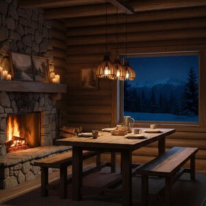 May include: A cozy cabin dining room with a wooden table and benches set for a meal. A stone fireplace with a burning fire and candles adds warmth. The room has a large window with a view of a snowy mountain landscape.