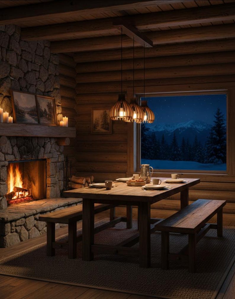 May include: A cozy cabin dining room with a wooden table and benches set for a meal. A stone fireplace with a burning fire and candles adds warmth. The room has a large window with a view of a snowy mountain landscape.