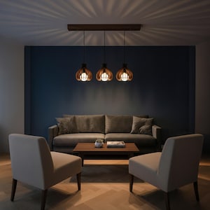 Walnut Finished Wood Pendant Light, Modern Wooden Chandelier, Mid Century Lighting for Dining Room, Minimalist Hanging Lamp, Scandi Style image 5
