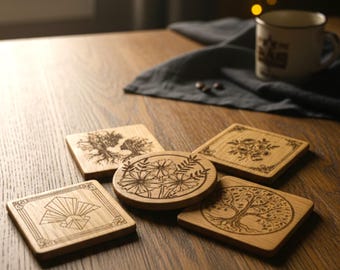 Solid Oak Coasters with Laser Engraving - Personalized Set for Wedding or Home - Personalized Handmade Oak Wood Gift.