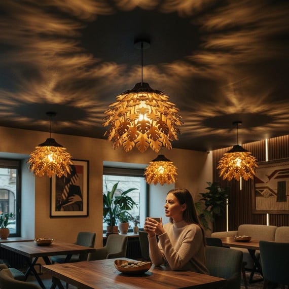 Lustre Monstera en Bois de Noyer, Suspension Design Biophilique, Lampe Artisanale avec Jeu d'Ombres Portées, Éclairage Organique Fait Main