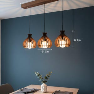 Walnut Finished Wood Pendant Light, Modern Wooden Chandelier, Mid Century Lighting for Dining Room, Minimalist Hanging Lamp, Scandi Style image 11