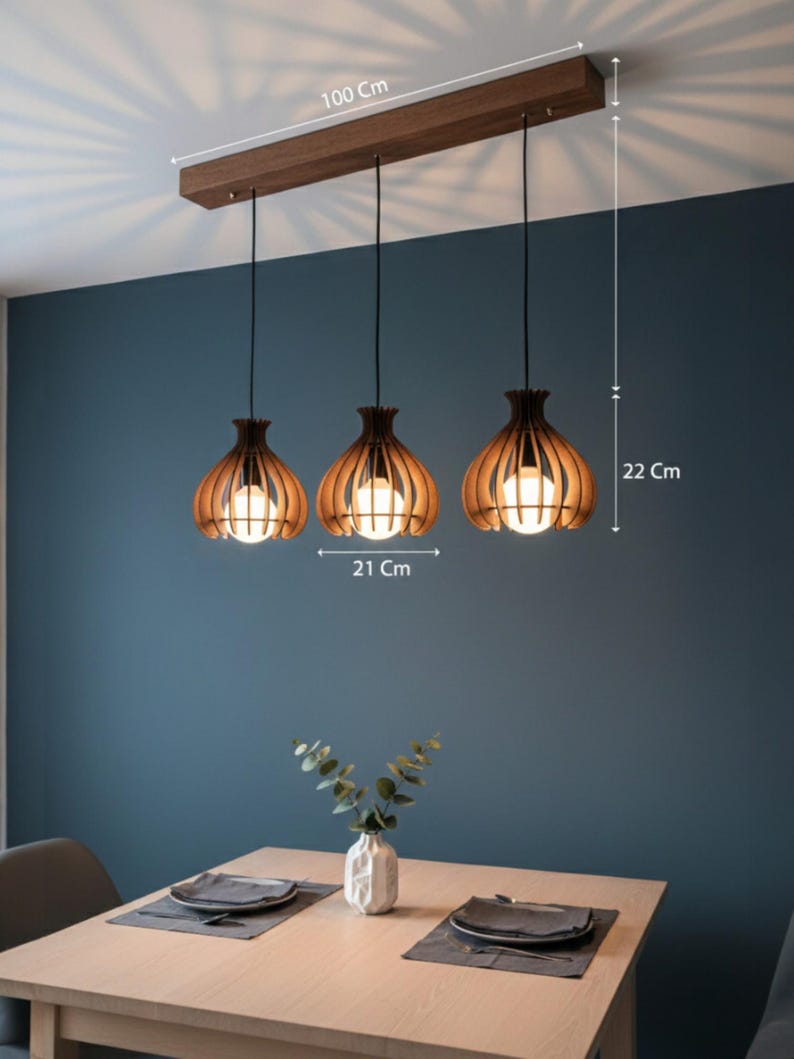 Walnut Finished Wood Pendant Light, Modern Wooden Chandelier, Mid Century Lighting for Dining Room, Minimalist Hanging Lamp, Scandi Style image 11