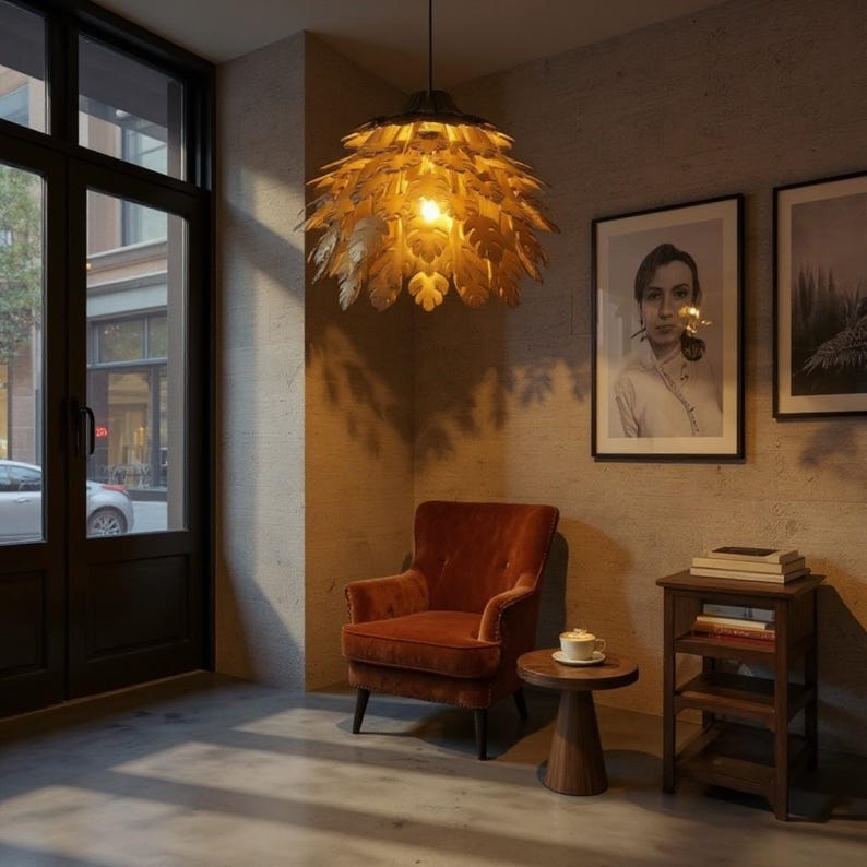 May include: A warm, inviting interior scene featuring a decorative leaf-shaped pendant light fixture. A rust-colored armchair and a small wooden side table with a cup and saucer are in the corner. Artwork hangs on the textured wall, and a wooden side table with books.