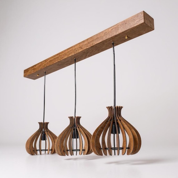 Lustre en bois, Luminaire suspendu moderne pour salle à manger et salon  90 cm couleur noyer.