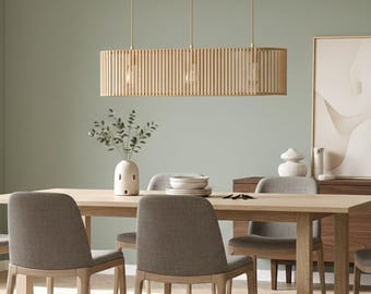 Minimalist Wood Pendant Light, Lustre Suspension en Chêne Massif 90cm, Linear Wooden Chandelier, Modern Dining Light,