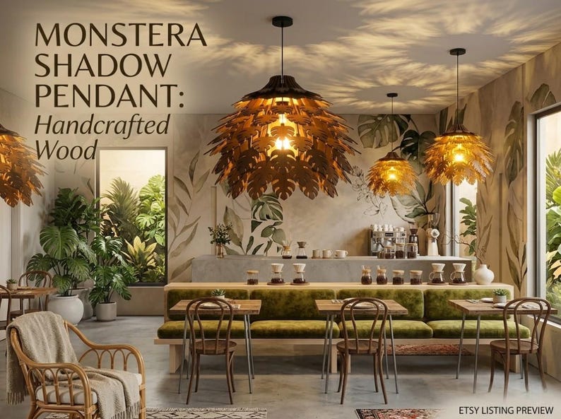 May include: Monstera Shadow Pendant handcrafted from wood, hanging in a cafe setting. The pendant lights are shaped like monstera leaves, casting leaf-shaped shadows. The cafe has a tropical theme with green plants and a long green bench.