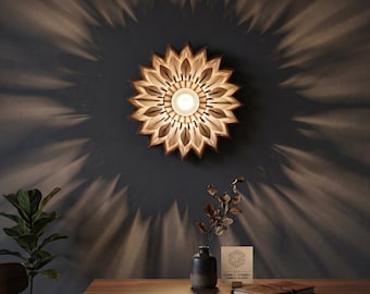 Sunflower Wooden Wall Sconce , Eclectic Wall Art Lamp , Handmade Organic Wood Light , Boho Chic Home Decor , Unique Housewarming Gift