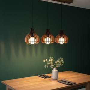 Walnut Finished Wood Pendant Light, Modern Wooden Chandelier, Mid Century Lighting for Dining Room, Minimalist Hanging Lamp, Scandi Style image 10