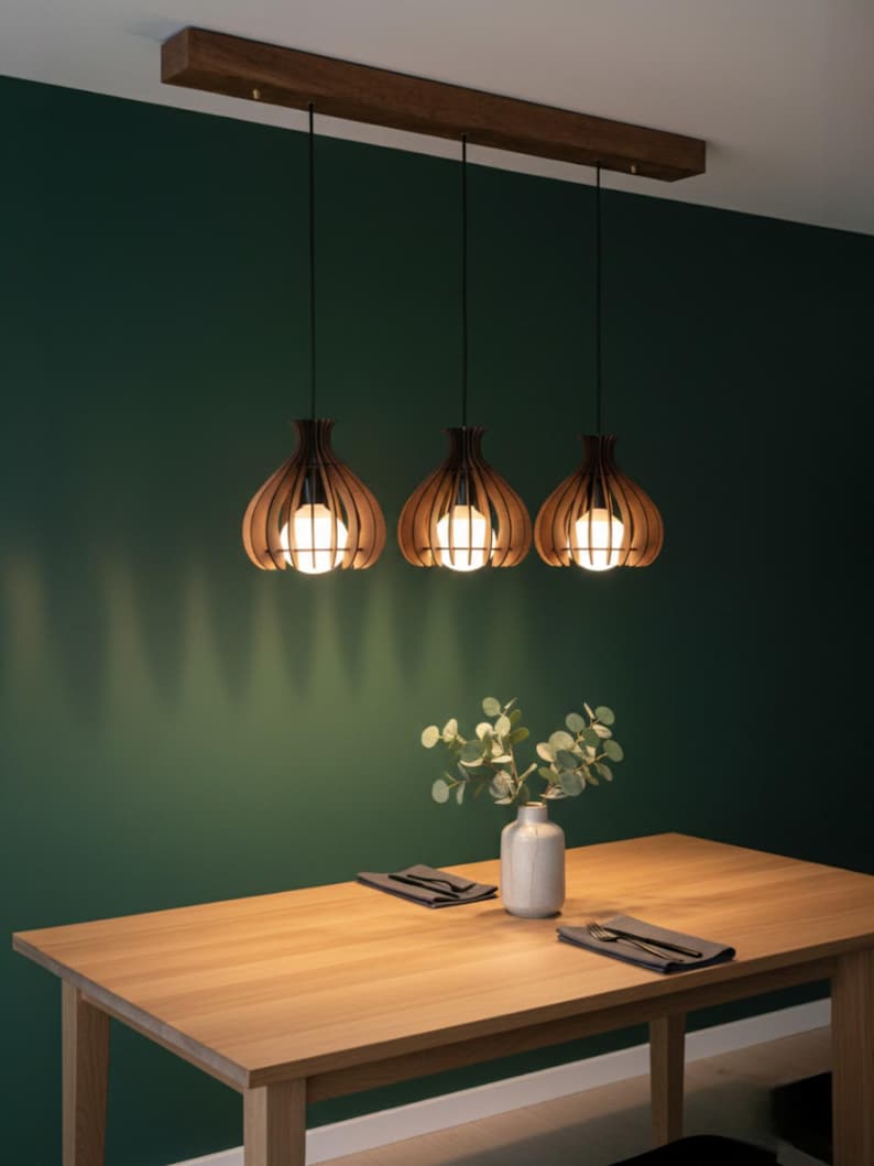 Walnut Finished Wood Pendant Light, Modern Wooden Chandelier, Mid Century Lighting for Dining Room, Minimalist Hanging Lamp, Scandi Style image 10