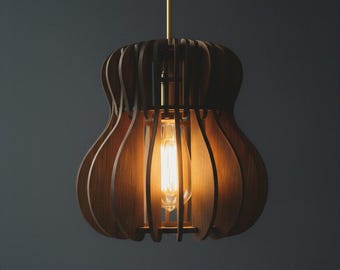 Wooden pendant light, modern laser-cut wood chandelier, geometric interior lighting, warm home decor