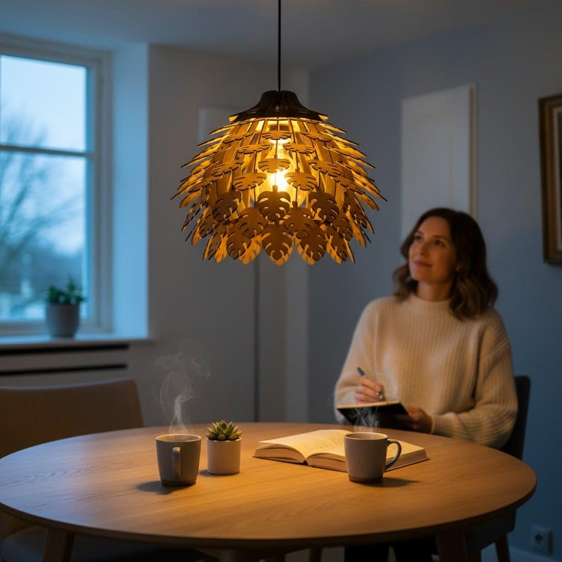May include: A wooden pendant light fixture with a leaf design hangs above a round wooden table. The light is on, illuminating the leaves and the room. A woman sits at the table, with a notebook and a cup of coffee.