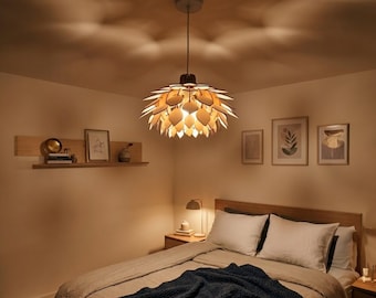 Handmade Lotus Wood Pendant Light |  Design Ceiling Lamp | Modern Floral Chandelier | Wooden Hanging Bedside Lamp | Unique Housewarming Gift