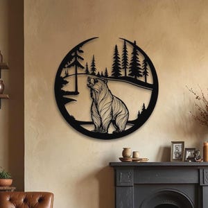 Decorazione murale in metallo raffigurante un orso, decorazione murale rustica a forma di foresta, decorazione da parete per baite e lodge, decorazione murale in metallo per esterni, scultura da parete raffigurante la natura, regalo per lui dedicato alla fauna selvatica.