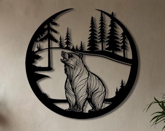 Bear Forest Metal Wall Art, Rustic Bear Wall Decor, Nature-Inspired Wall Art, Animal Wall Art, Living Room Decoration, Unique Gift Idea