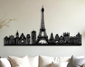 Cuadro metálico con la silueta de la Torre Eiffel y el horizonte de París, decoración moderna.