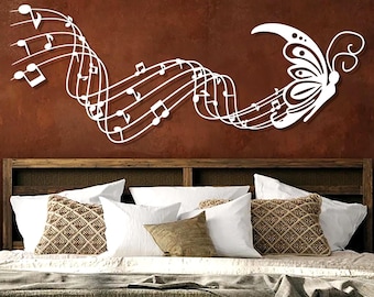 Muzikale vlinder metalen muurkunst, muurdecoratie muzieknoten, minimalistische op de natuur geïnspireerde kunst, decor muziekkamer, uniek cadeau voor muziekliefhebbers