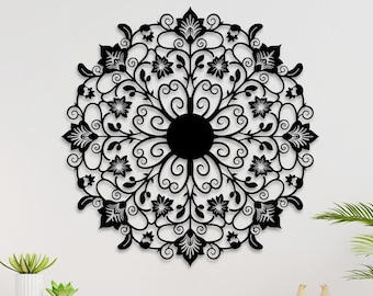 Arte de parede em metal com mandala floral, decoração floral moderna.