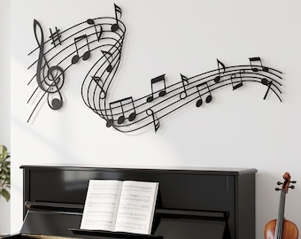 Wavy Music Notes Metal Wall Art, Minimalist Music Room Decor, Large Treble Clef Sign