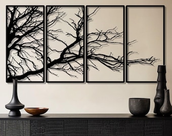 Metalen muur kunst boomtak, buiten muur kunst groot, minimalistisch natuur decor, 4 panelen muur decor, moderne woonkamer kunst, housewarming cadeau