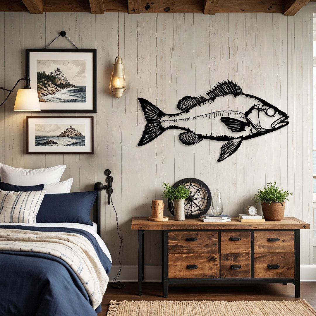 Rustic Fish Metal Wall Art, Bass Fishing Wall Decor, Nautical Cabin ...