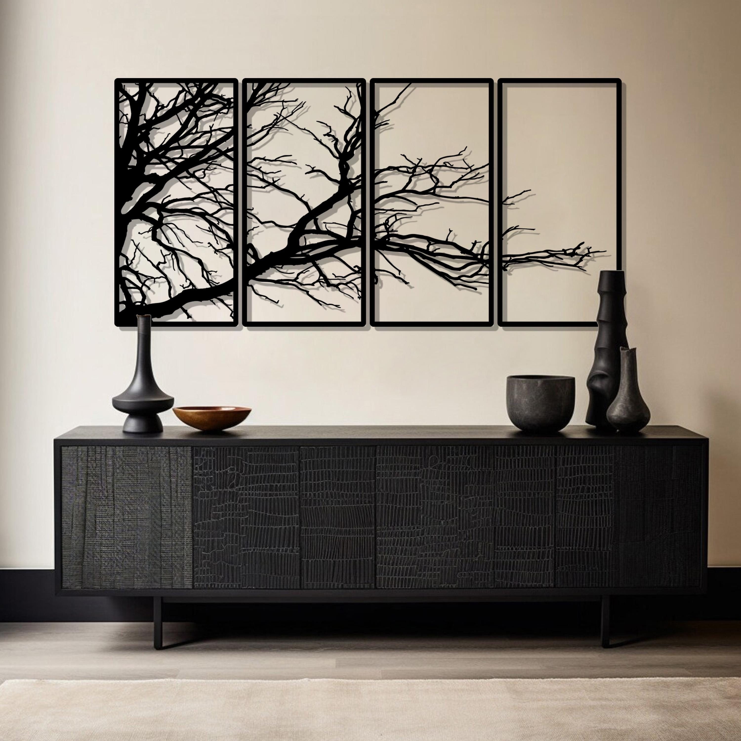 Tree Branch Metal Wall Art, Outdoor Wall Art Large, Minimalist Nature Decor, 4 Panel Wall Decor, Modern Livingroom Art, Housewarming Gift