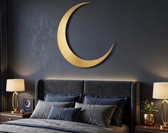 Large Gold Crescent Moon Metal Wall Art, Minimalist Celestial Bedroom Above Bed Decor