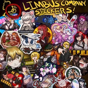 Può includere: Una collezione di adesivi colorati con vari personaggi e disegni in stile anime. Gli adesivi includono immagini di persone, animali e testo, con le parole "LIMBUS COMPANY STICKERS!" in evidenza.