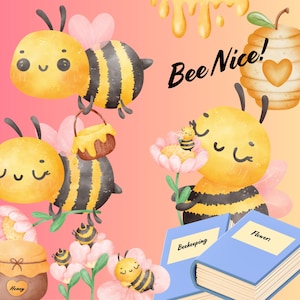 Puede incluir: Ilustración en acuarela con abejas de dibujos animados sonrientes con rayas negras y amarillas, alas rosas y un tarro de miel. La imagen incluye el texto "Bee Nice!" y dos libros azules etiquetados "Apicultura" y "Flores".