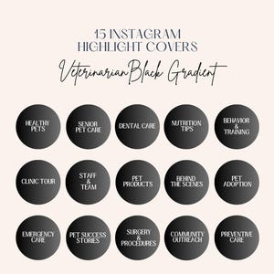 May include: Fifteen Instagram highlight covers with a veterinarian theme. Each cover is a black circle with white text. Topics include Healthy Pets, Dental Care, Pet Adoption, and Emergency Care. The title "Veterinarian Black Gradient" is at the top.