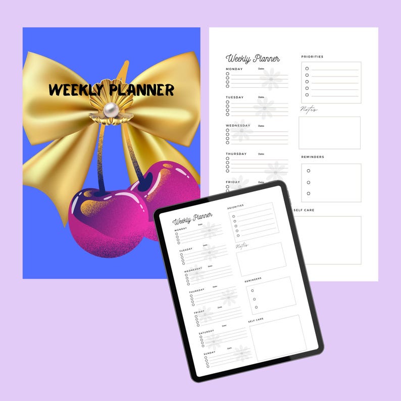 Weekly Planner Printable A4 Undated Digital Planner Coquette Cherries ...