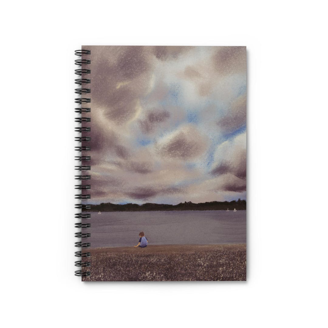 Contemplative Child on the Beach Spiral Notebook | Moody Sky Art ...