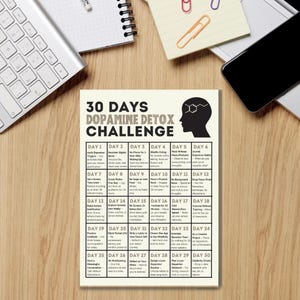 May include: A printable 30-day dopamine detox challenge chart with daily activities to help reduce digital dependence and improve mental well-being. The chart features a black and white design with a simple illustration of a brain.