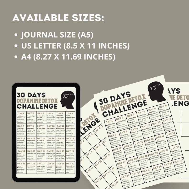 May include: A printable 30-day dopamine detox challenge with daily tasks to help you break bad habits and improve your mental health. The printable is available in three sizes: Journal (A5), US Letter (8.5 x 11 inches), and A4 (8.27 x 11.69 inches).